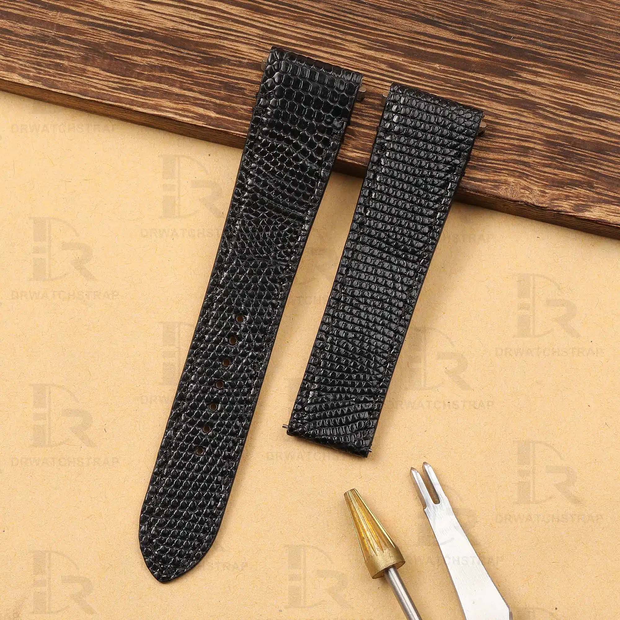 Custom Black Lizard leather watchbands Cartier Santos leather strap 19mm 21mm Handmade straps for sale (1)