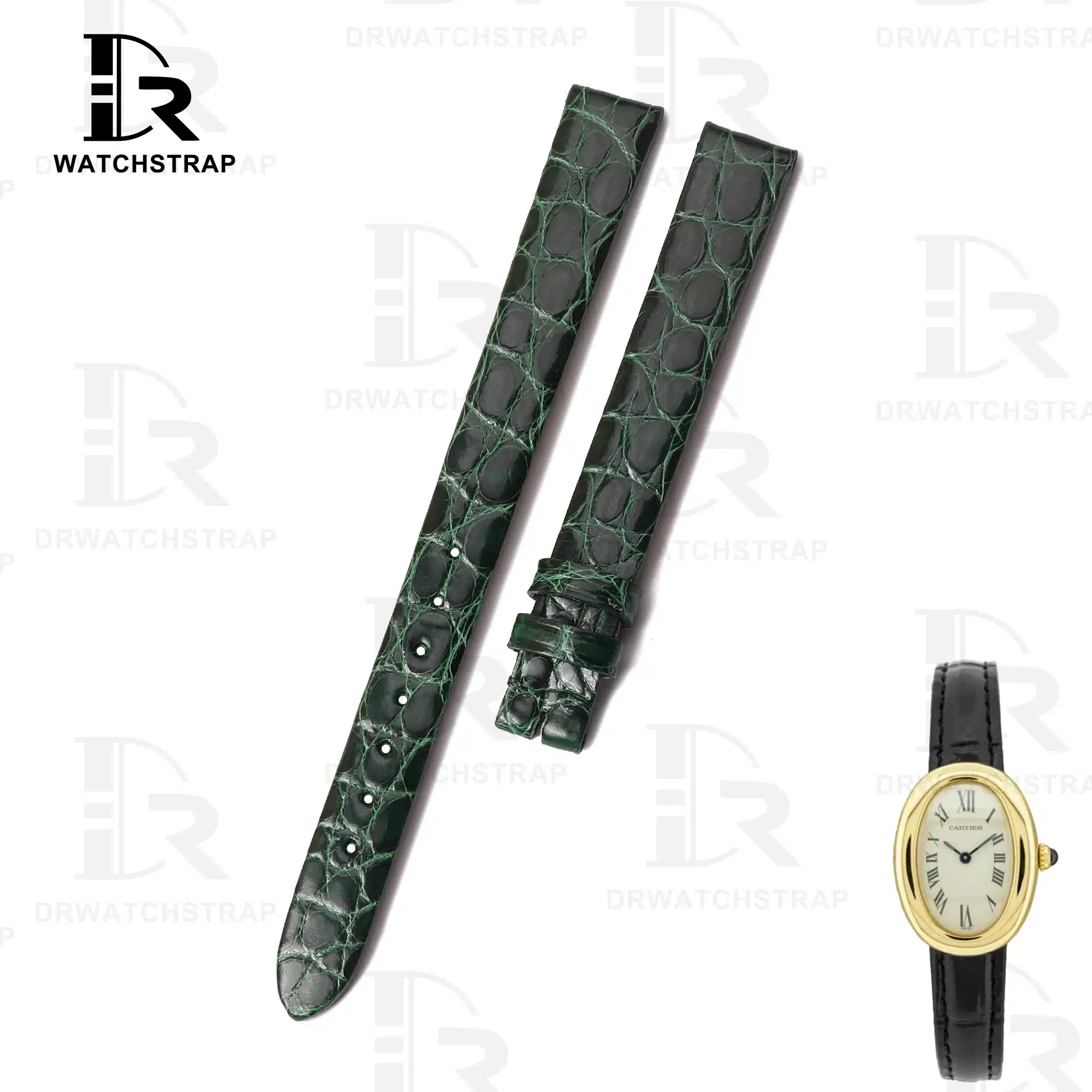 Custom Green Round scale Alligator Cartier mini Baignoire Vintage Replacement Strap Handmade watch band for sale (1)