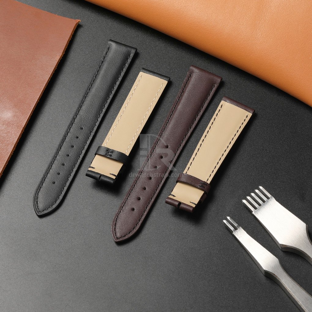 Custom Dark brown Calfskin leather watch strap replacement for Cartier Tank & Ronde Solo tan lining band