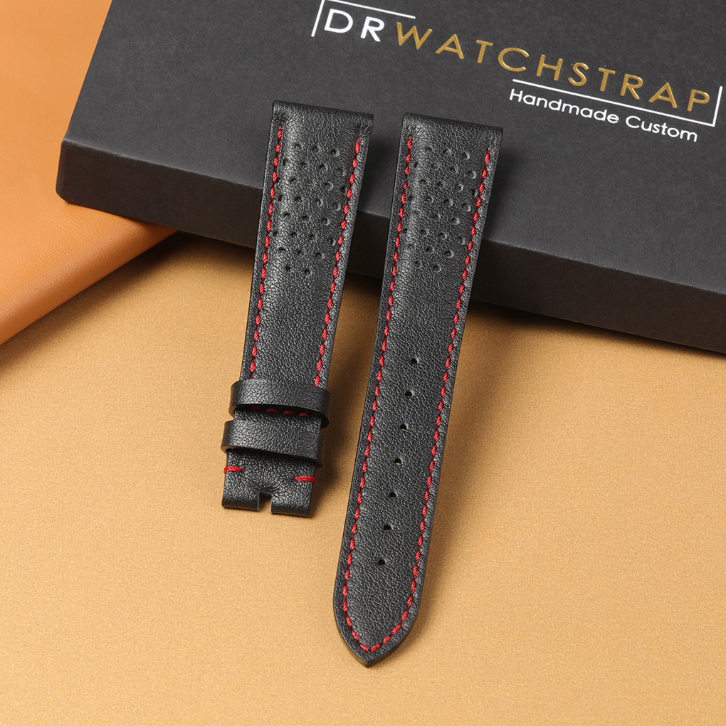Black Rally Leather Watch Strap for Chopard Omega Tag Heuer red stitching