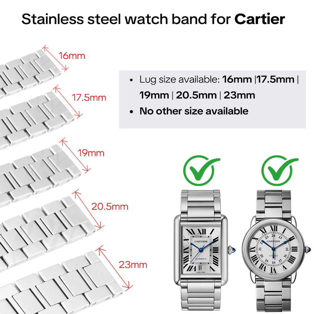 Stainless steel watch band for Cartier Tank lug size available 16mm 17.5mm 19mm 20.5mm 23mm