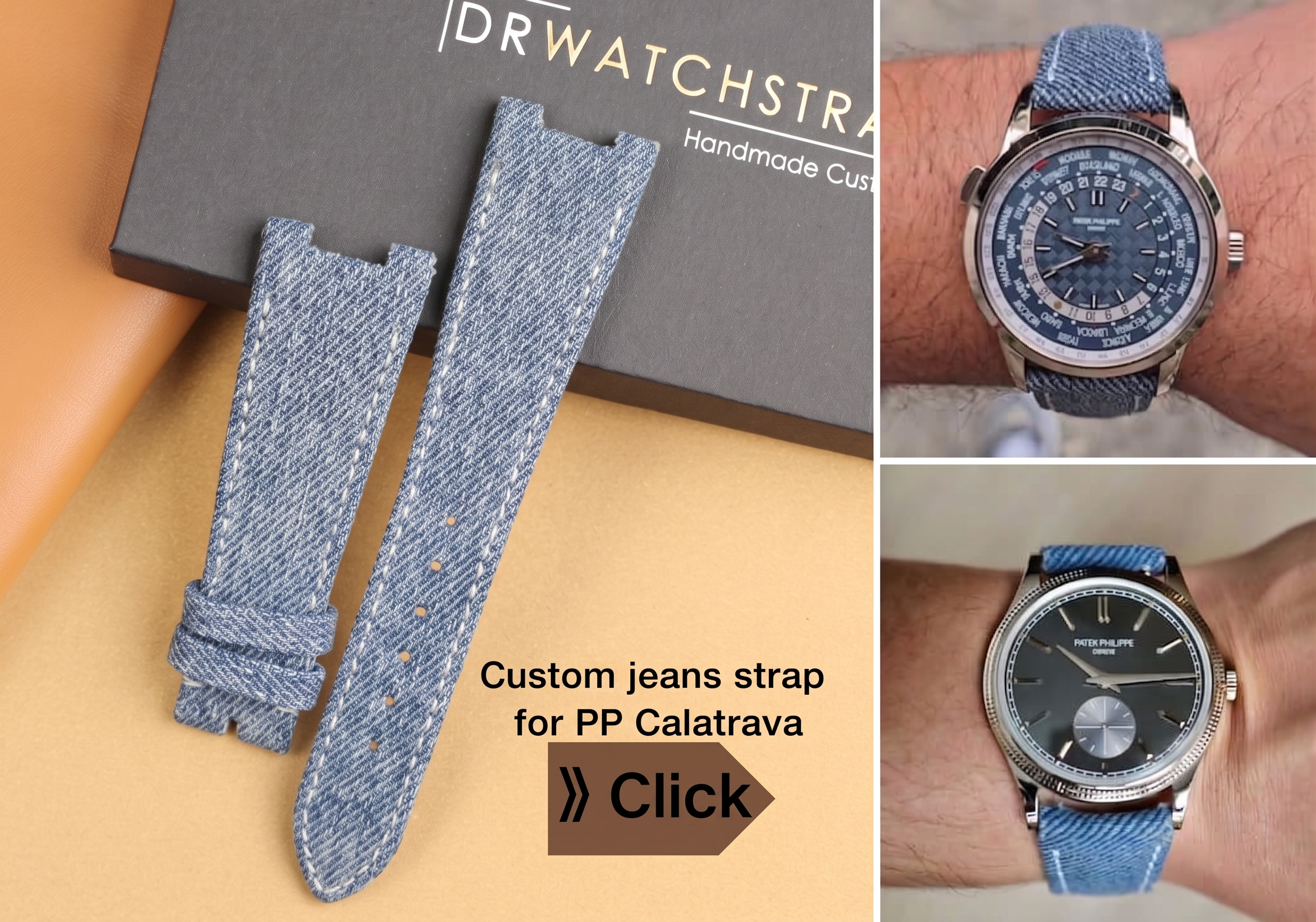 Replacement-Denim-Jeans-leather-watch-band-for-Patek-Philippe-Calatrava-5330G-6119G-Jeans-World-Time-Date-Complications-strap