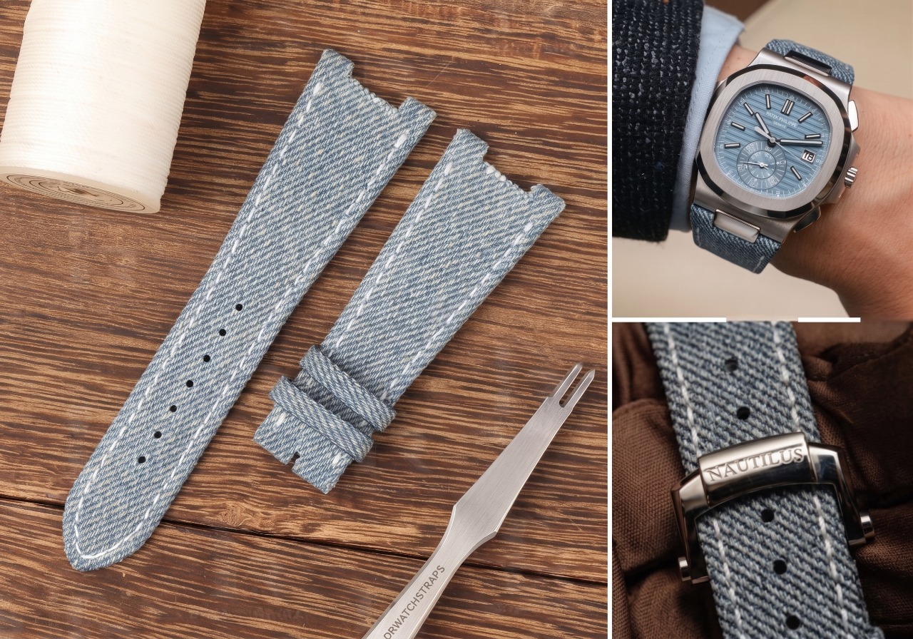 Replacement-Denim-Jeans-leather-watch-band-for-Patek-Philippe-Nautilaus-Flyback-Chronograph