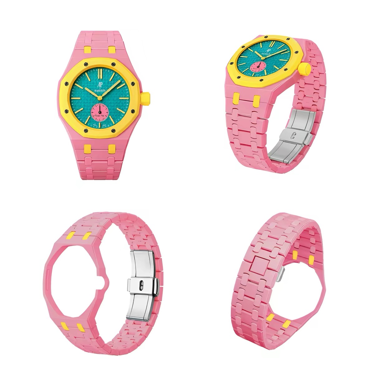 bioceramic case and strap for swatch ap royal pop pink color 3 o'clock