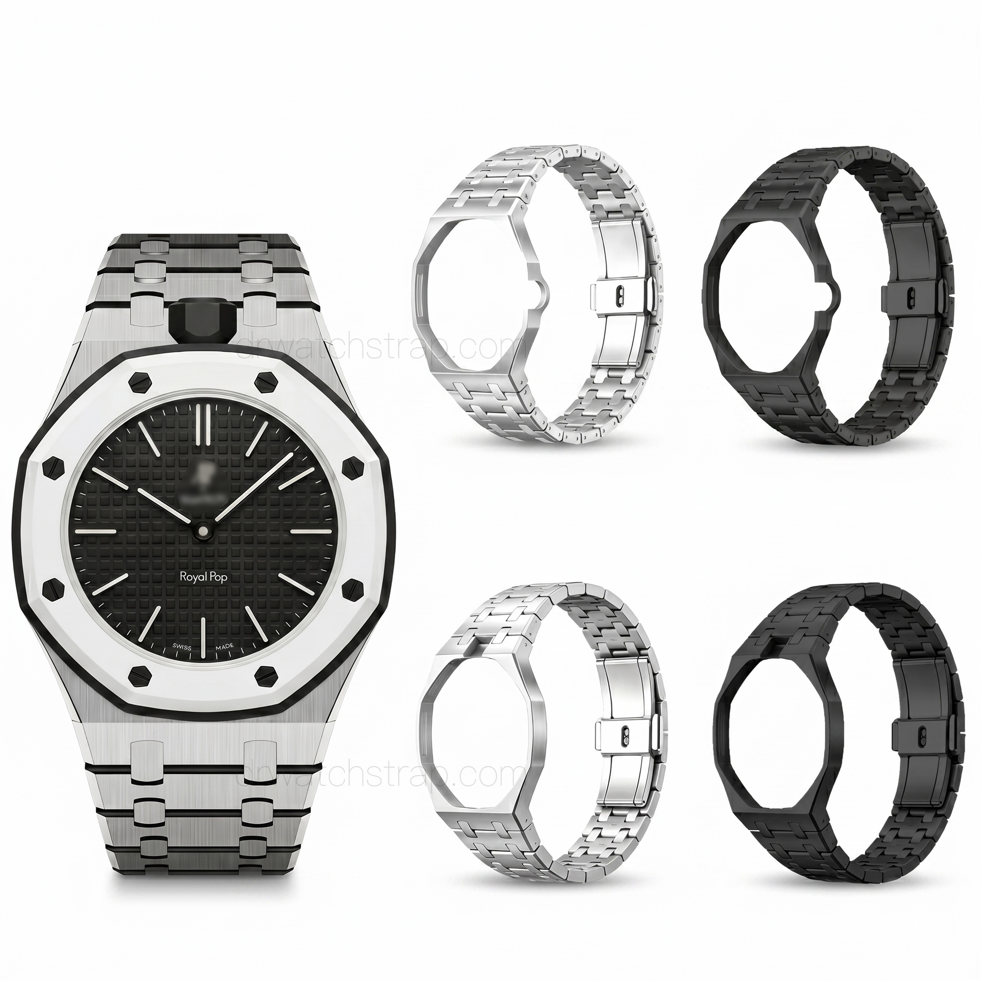 stainless steel strap for ap swatch royal oak in silver black (1)