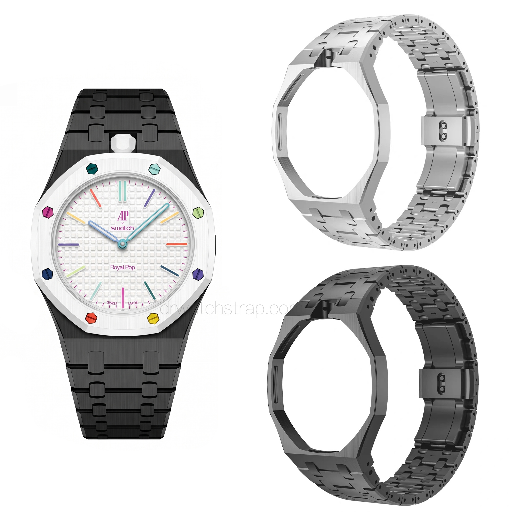 stainless steel strap for ap swatch royal oak in silver black (3)